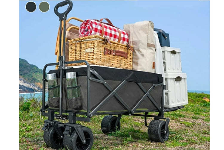 カーキで荷台にアウトドアグッズを積んでいるキャリーカート・ワゴン