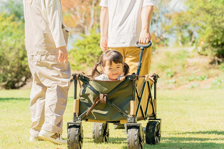 キャリーカート・ワゴンに3~4歳ほどの小さな女の子が乗っている写真