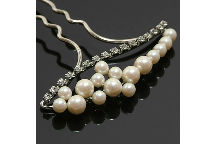 かんざし 髪飾り「シルバー パールビーズ×ラインストーン」