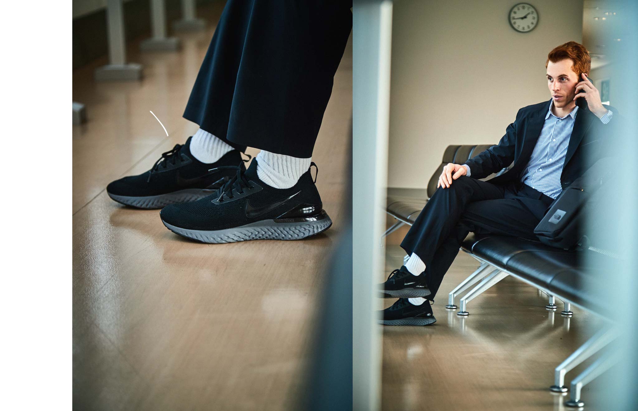 左：黒いニットスニーカーを履いた足　右：紺のセットアップスーツで椅子に座り電話をしている外人モデル