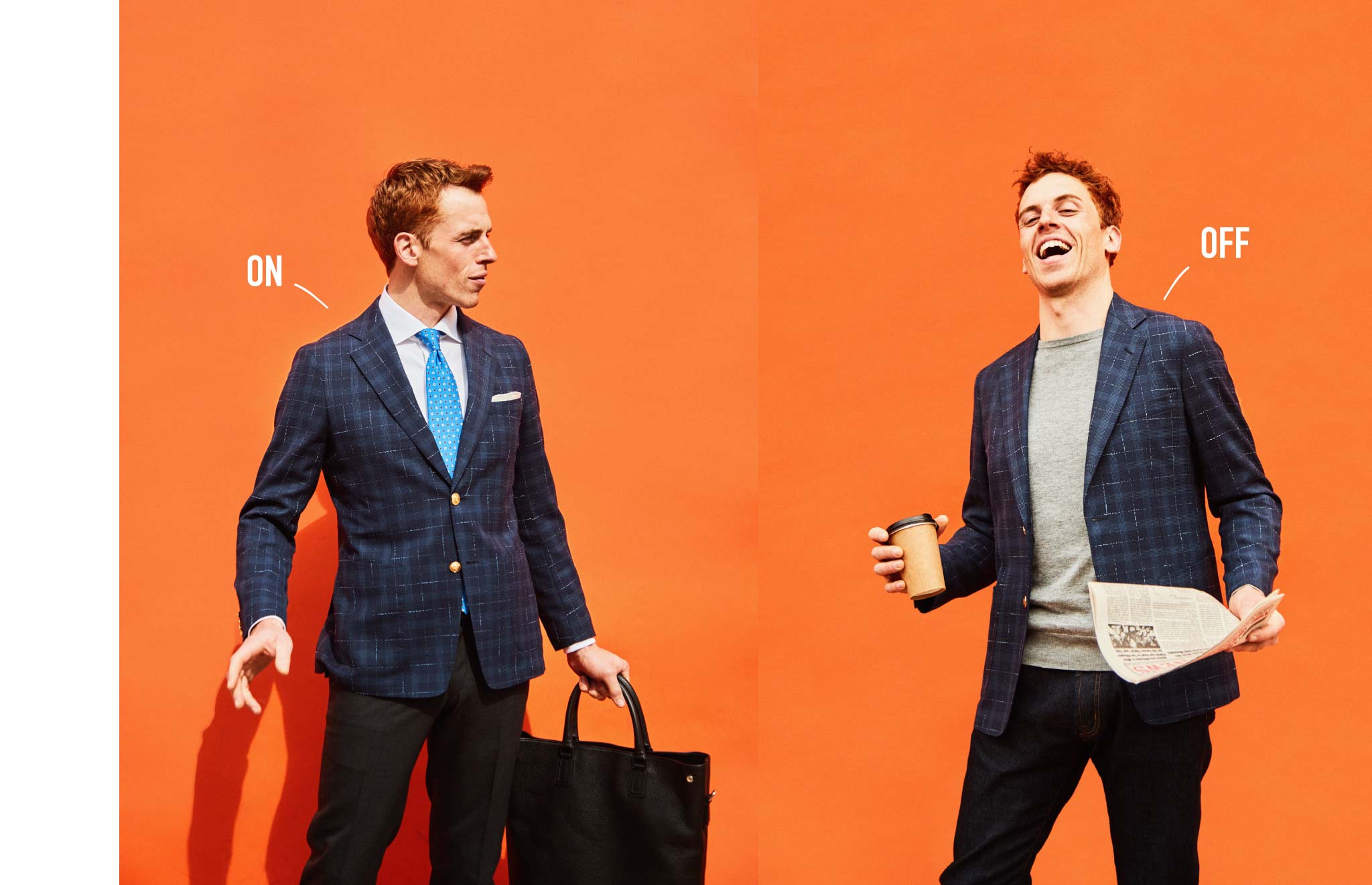 左：紺色にチェック柄のジャケットをきっちりと着て鞄を持つ外人モデル　右：紺色にチェック柄のジャケットを羽織り、コーヒーを手にする大人の外人モデル