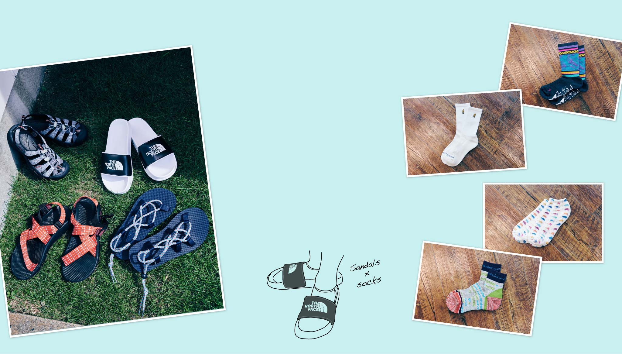 左:サンダルの集合写真　右：靴下の集合写真