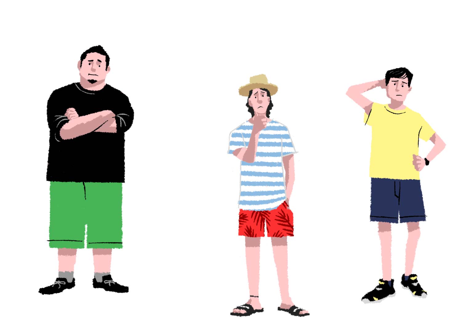 左：太足が悩みの男性のイラスト　中央：華奢が悩みの男性のイラスト　右：子どもっぽいのが悩みの男性のイラスト
