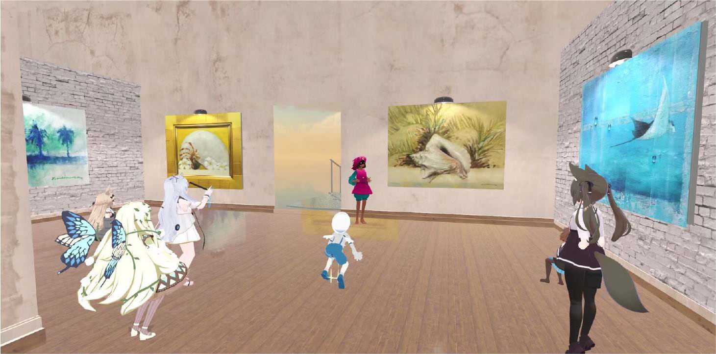 齊藤さんが親交のある、画家の植村友哉さんと毎週行なっている個展。齊藤さんはアメリカ発の大手ソーシャルVRプラットフォーム「VRChat」にメタバース美術館を開設することが多い。中央右の作品脇に立っているピンクのアバターは、解説をする植村さん。