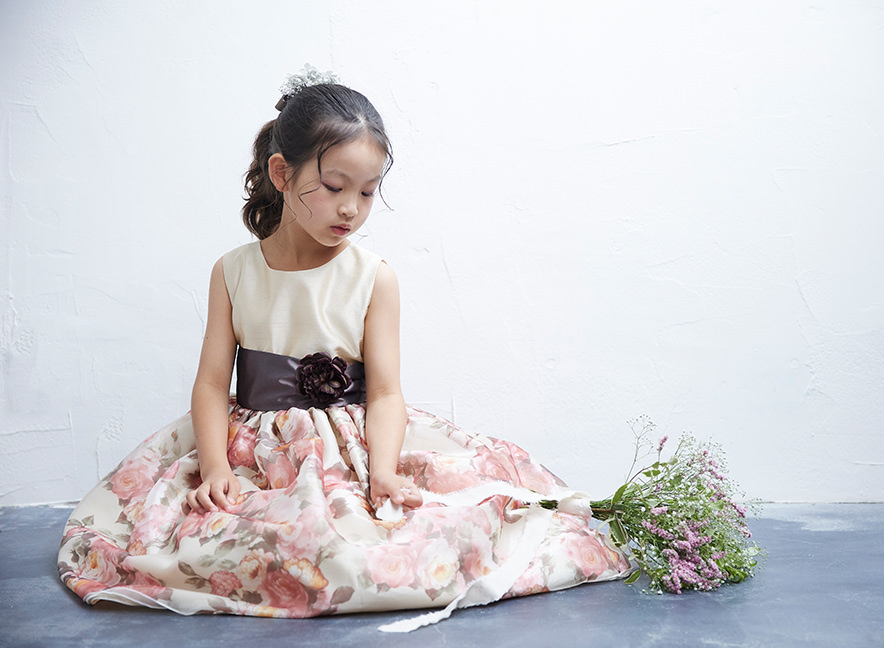 女の子用フォーマルドレス 
tgl013 ベージュ 花柄 日本製